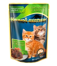 Ночной охотник консервы для котят цыпленок и кролик в желе пауч 100 гр.